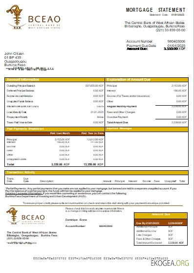 Burkina Faso Banque Centrale des États de l'Afrique de l'Ouest relevé hypothécaire bancaire scr